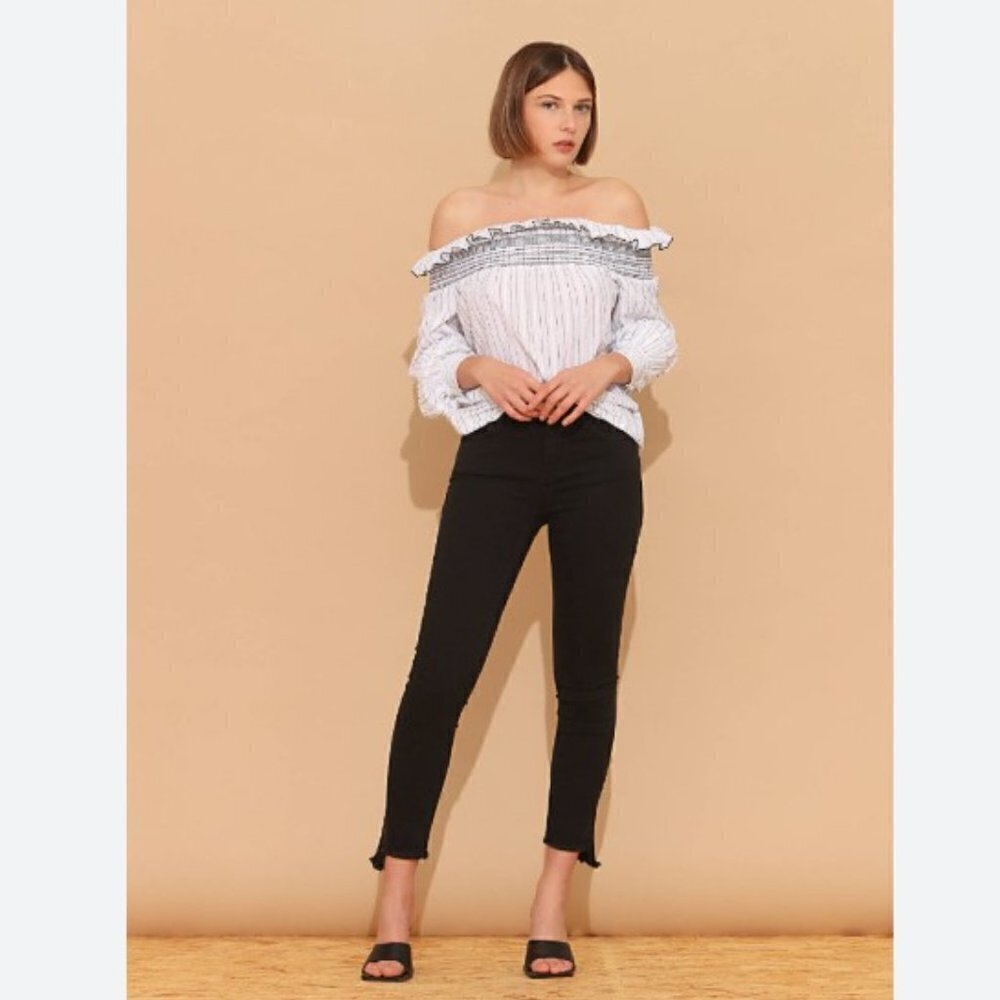 PINKO Boho Ruffled Off-Shoulder Striped Black White Cotton Smocked Top sz S